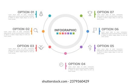 Infografik-Halbkreis 7 Prozesse zum Erfolg. Präsentation und Bericht der Unternehmen. Vektorgrafik.