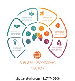 Infographic Semicircle template from colourful lines with text areas on six positions. Business infographic.