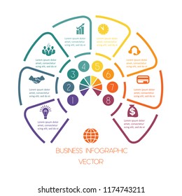 Infographic Semicircle template from colourful lines with text areas on eight positions. Business infographic.
