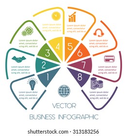 Infographic Semicircle template colourful lines with text areas on eight positions