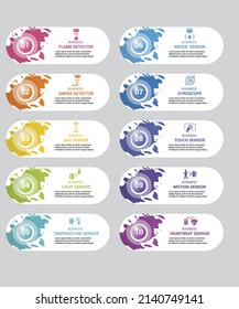 Infographic Sensors icons vector illustration. 10 colored steps info template with editable text.