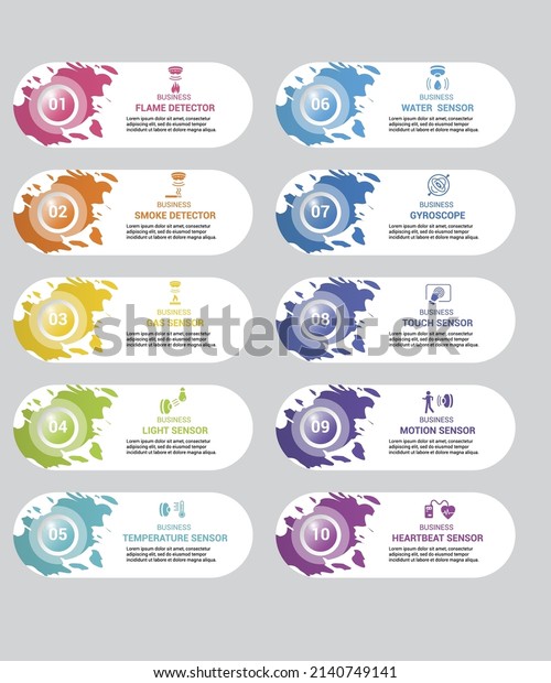 Infographic Sensors icons vector\
illustration. 10 colored steps info template with editable\
text.