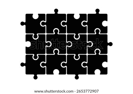 Infographic set of 12 black puzzle pieces. Jigsaw puzzle on white background. Set of puzzle pieces. Vector illustration.
