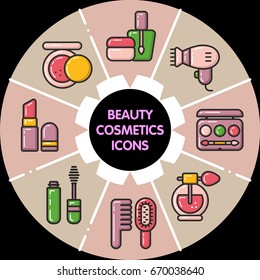 Infographic set of beauty cosmetic icons. Vector Isolated flat colorful illustration.