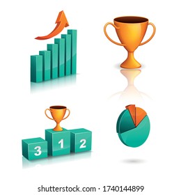 Infografik in blau und gelb. isolierte Darstellung der Vektor-Vorräte: Wachstumstabelle, Diagramm, Sieger-Cup und Podium auf weißem Hintergrund. Icons für Unternehmen und Management