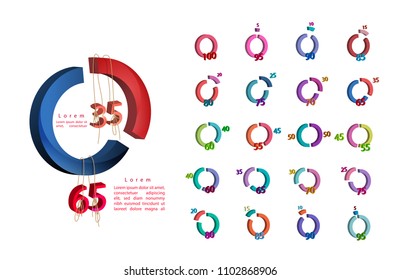 Infographic set of business cycle flow diagrams, pie chart for documents,reports,presentations,0 5 10 15 20 25 30 35 40 45 50 55 60 65 70 75 80 85 90 95 100 percent.Vector illustration.