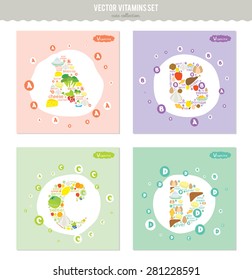 Infographic set card of vitamins A, B, C, D and useful products: meat, fish, vegetables, fruits, dairy produce. Vector Design Illustration Concept with Flat Elements