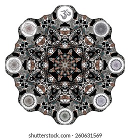 Infographic set with chakra icons. Mandala ornament.