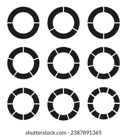 Infographic set. Circle division on equal parts. Wheel round divided diagrams with two, three, four, five, six, seven, eight, nine, ten segments. Coaching blank collection. Vector illustration.