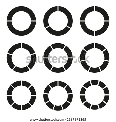Infographic set. Circle division on equal parts. Wheel round divided diagrams with two, three, four, five, six, seven, eight, nine, ten segments. Coaching blank collection. Vector illustration.