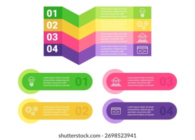 Conjunto de infográficos com seções coloridas destacando as ideias principais. Cada segmento se concentra em um conceito diferente, com ícones e números para organizar as informações claramente