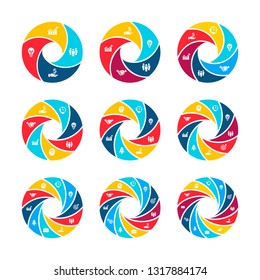 Infographic set. Cycle elements with 4, 5, 6, 7, 8, 9, 10, 11 and 12 options. Business diagrams for presentation.