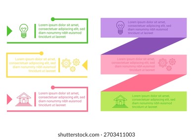 Conjunto de infografía que muestra varios conceptos utilizando diseños y gráficos coloridos. Incluye Elementos como bombillas y edificios, organizados en un diseño claro para facilitar la comprensión
