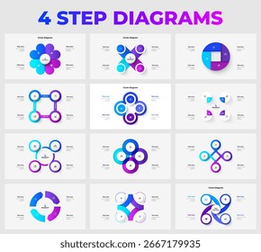Infographic set displaying various four step circular diagram templates featuring professional layouts, ideal for business presentations, process explanations, and visual storytelling