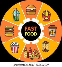 Infographic set of fast food icons and beverages. Vector Isolated flat colorfull illustration.