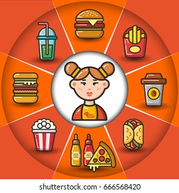 Infographic set of fast food icons and woman. Vector flat icons colorful illustration.