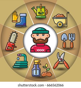 Infographic set of garden tools and man. Vector flat icons colorful illustration.