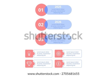 Infographic set highlighting key milestones for years 2025, 2026, and 2027. Each section outlining important activities and goals for those years in clear format