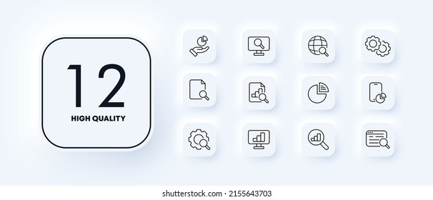 Infographic set icon. Chart, search, analytics, setting, gear, magnifier, smartphone, income, seo, advertising. Data analysis concept. Neomorphism style. Vector line icon for Business and Advertising