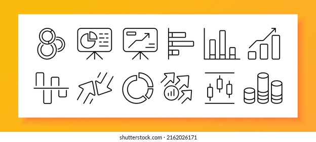 Infographic set icon. Dagram, board, tables, columns, analytics, arrows, circles, statistics, tracking. Data analysis concept. Vector line icon for Business and Advertising