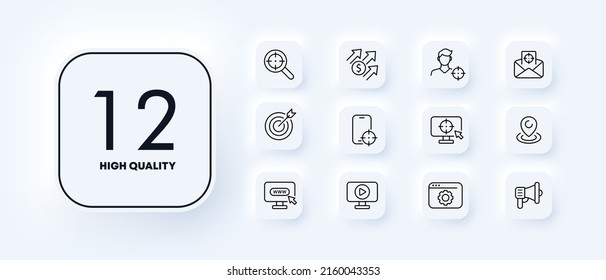 Infographic set icon. Goal, arrow, career, website, online store, business, mouthpiece, pointer. Targeted advertising concept. Neomorphism style. Vector line icon for Business and Advertising