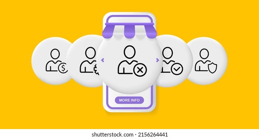 Icono de conjunto de infografía. Hombre con moneda, equipo, cruz, garrapata y escudo. Marcar. Concepto de negocio. pantallas de aplicación de la interfaz de usuario con personas. Icono de línea de vector para negocios y publicidad