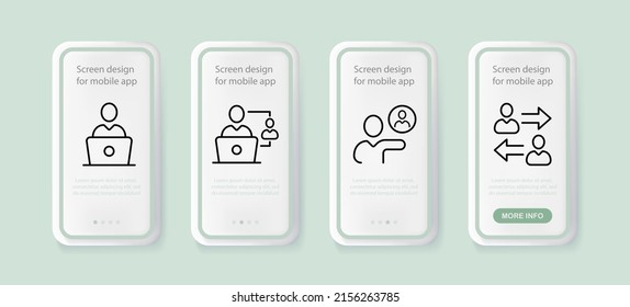 Infografik-Set-Symbol. Mann am Computer, Informationsaustausch, Lernen, Pfeile, Diagramme. Konzept der Datenanalyse UI-Telefon-App-Bildschirme mit Menschen. Vektorsymbol für Unternehmen und Werbung