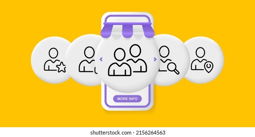 Infographic set icon. Man with star, search, magnifying glass, pointer, etc. Business concept. UI phone app screens with people. Vector line icon for Business and Advertising