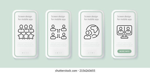 Infographic set icon. People with stars, achievement, arrows, charts, delegation, monitor. Data analysis concept. UI phone app screens with people. Vector line icon for Business and Advertising