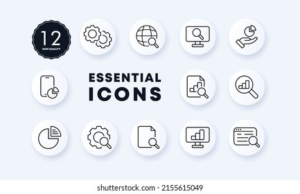 Infographic set icon. Setting, gear, chart, search, magnifier, chart, file, access, etc. Button concept. Neomorphism style. Vector line icon for Business and Advertising