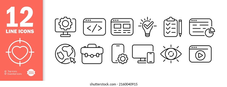 Infographic set icon. Website, arrow, lamp, clipboard, targeted advertising, preview, video, diagram. Internet analytics concept. UI phone app screens with people. Vector line icon for Business
