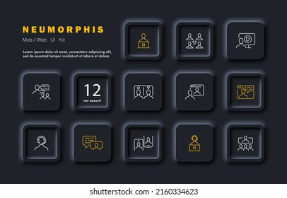 Infographic set icon. Work for a PC in the office, delegation, teamwork, team building, management, media, communication, support. Neomorphism style. Vector line icon for Business