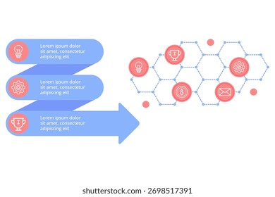 Conjunto de infografías que ilustran un flujo de proceso claro con iconos que representan ideas, logros y engranajes de comunicación