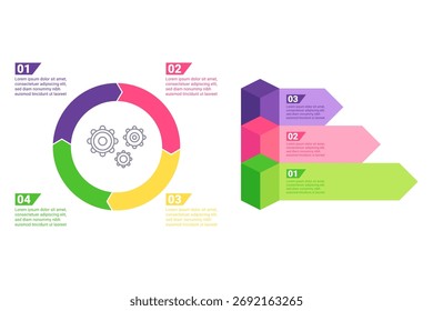 Conjunto de infografía que ilustra el flujo del proceso con Elementos e íconos coloridos. Pasos y flechas que guían a los espectadores a través de la información presentada de manera organizada