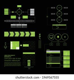 conjunto de infografías, kit, para su presentación de diseño de UI y UX, diagrama de flujo, plan de proyecto, pasos de proyecto, estructura de equipo, arquitectura de plataforma y metodología 