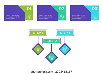 Conjunto de infografías que describe un proceso simple de tres pasos para crear infografías. Muestra ideas, Elementos de diseño Seguir y toques finales, lo que hace que sea fácil