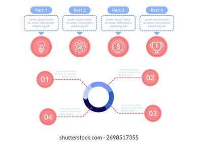 Infographic set presenting four distinct parts, each containing icons and text to convey essential information