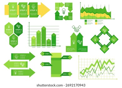 Infographic set presenting series of steps and data trends using green graphics. Visuals including arrows, charts, and icons illustrating processes and data analysis
