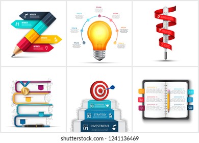 Infographic set with realistic pencil, books, lightbulb, stairs, termometer and other elements. Template for education, startup, medical and business presentation.