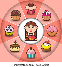 Infographic set of sweet icons and woman. Vector flat icons colorful illustration.