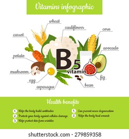 Infographic set of vitamin B5 and useful products: wheat, cauliflower, corn, avocado, fig, bean, asparagus, egg, mushroom, potato, carrot. Healthy lifestyle and diet vector concept.