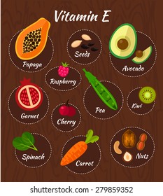 Infographic set of vitamin E and useful products: cherry, pea, carrot, avocado, garnet, nuts, sunflower seed, raspberry, olive, kiwi, spinach, papaya. Healthy lifestyle and diet vector concept.