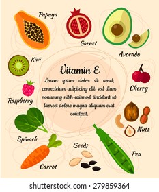Infographic set of vitamin E and useful products: cherry, pea, carrot, avocado, garnet, nuts, sunflower seed, raspberry, olive, kiwi, spinach, papaya. Healthy lifestyle and diet vector concept.