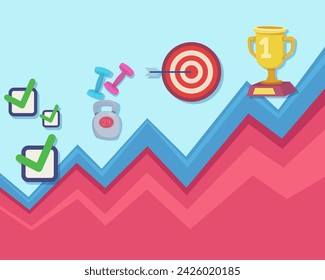 Infographic of setting and reaching goals in sport. Vector illustration of  check marks, kettlebell and dumbbells, target dart with arrow, champion cup. Planning and achieving goals, sport concept 