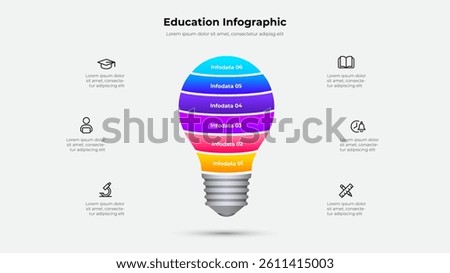 Infographic in the shape of a light bulb with six segments, representing educational, innovative, and conceptual themes. Surrounded by minimalistic icons highlighting academic and learning concepts