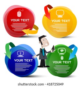 Infographic Shapes with Arrows and Businessman. Colorful Vector Red Green Blue Orange Circle Objects with Computer Icons Isolated on White Background.