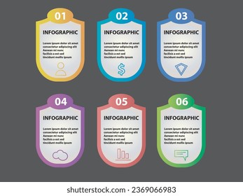 Infographic shield concept design template, with 6 steps or options, can be used for workflow layout, diagram, annual report, web design.Creative banner, label vector.