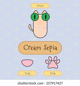Infographic show detail of cream sepia cat, eye color, nose color and foot color.
