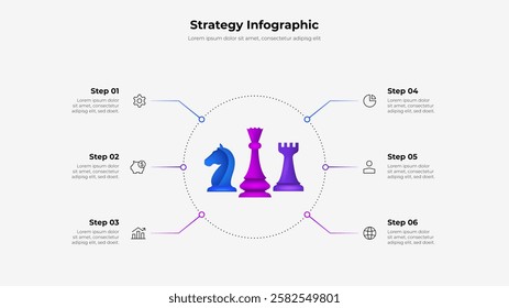 Infographic showcasing a circular arrangement and chess pieces representing planning, strategy, and business growth. Ideal for presentations or educational purposes.