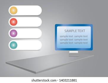 Infographic showing 3d gray desk on the gray background with PC screen ready for your text. Four white numbered labels are ready for your text. All potential trademarks are removed. 